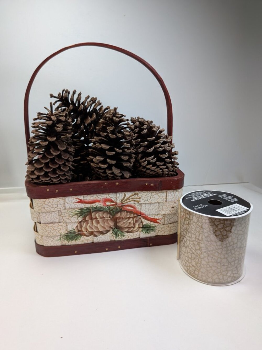 Rustic Holiday Decor Bundle: Wood Crackle Basket,12 Natural Pinecones & Metallic